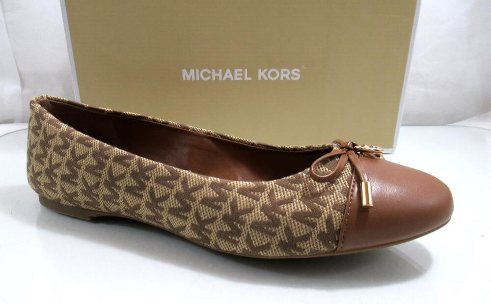 Michael Kors Melody Toe Cap Bow Ballet Flat Shoes MK Logo Beige / Ebony Size 8
